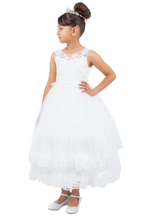 Girls Floral Embroidery Heart Bodice Bow Applique Flower Girl Dress 2-16
